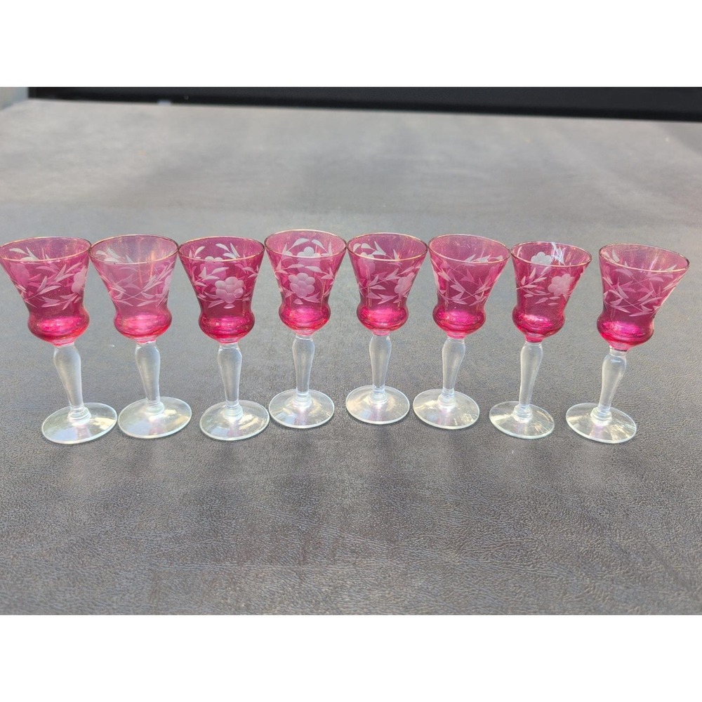 Vintage Czech Cut Crystal Cranberry Cordials 4.25" Tall EUC Lot of 8